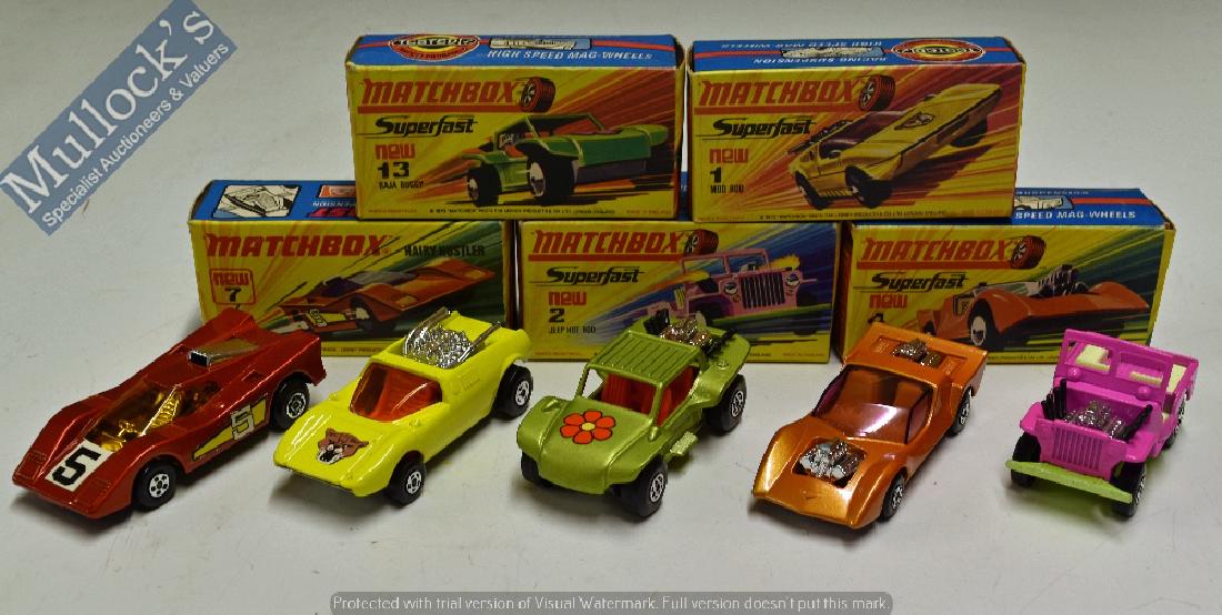 Matchbox Superfast 1970s Models to include 1 Mod...: Matchbox Superfast 1970s Models to include 1 Mod Rod, 2 Jeep Hot Rod, 4 Gruesome Twosome, 7 Hairy Hustler and 13 Baja Buggy, all with carded boxes and appear in very good condition (5)