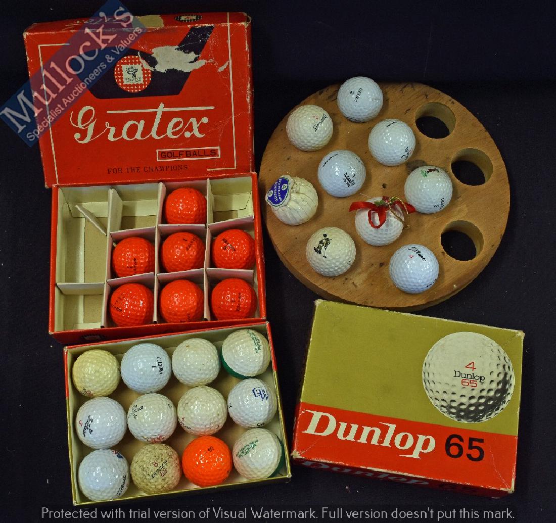 Golf Ball Selection to include 7x Gratex orange...: Golf Ball Selection to include 7x Gratex orange balls within box, and a mixed variety with some logo balls, Ping Golf Collectors Society, Spalding 'First Golf Ball On the Moon Feb 6 1971', with a Dunl