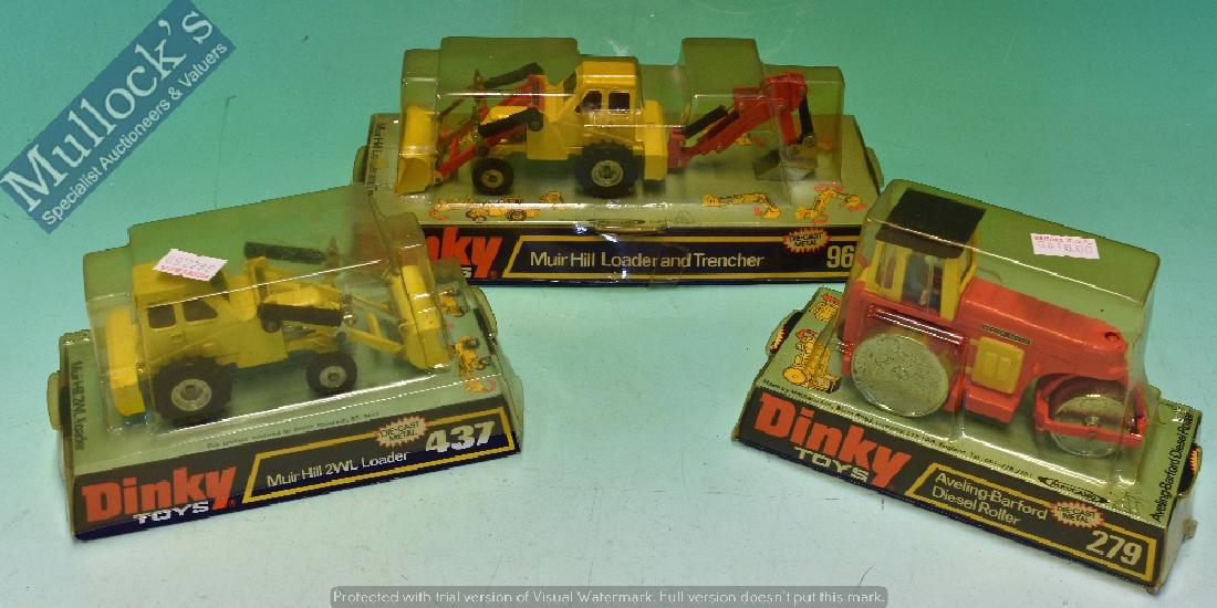 Dinky Toys 279 Aveling Barford Diesel Roller Diecast...: Dinky Toys 279 Aveling Barford Diesel Roller Diecast Model Together with 437 Muir Hill 2WL loader, 697 Muir Hill Loader and Trencher in original boxes (box has discolouration) (3)