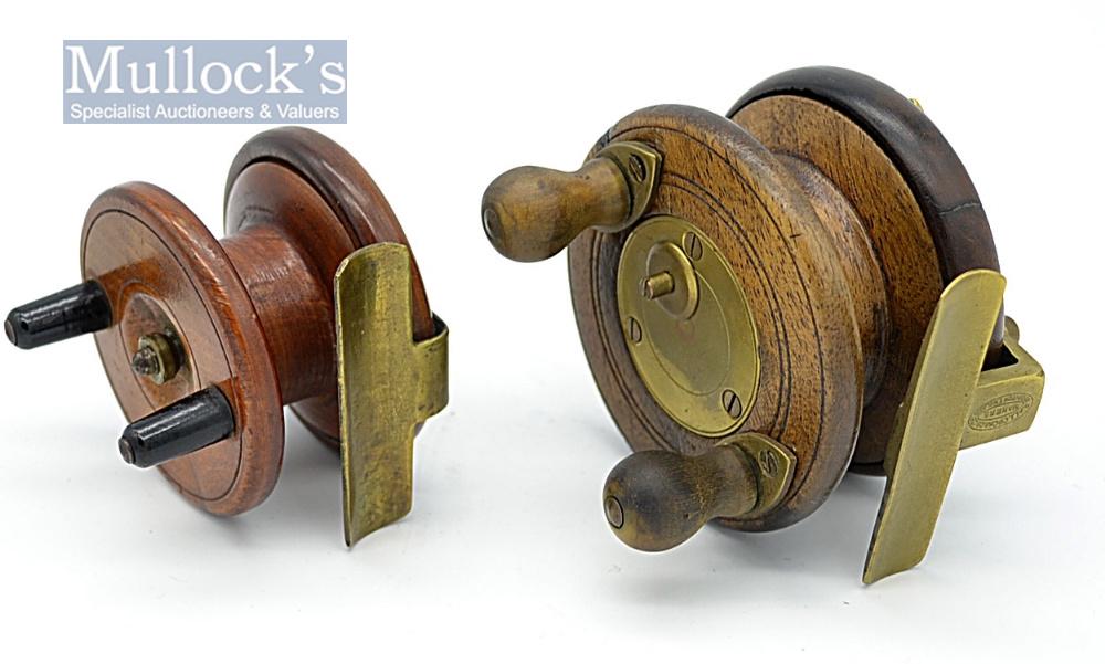 Allcock and one other wooden and brass Nottingham...: Allcock and one other wooden and brass Nottingham reels (2) – Allcocks 3" dia with slater spring latch, small grain crack to the rim spins well; together with 2.5" brass strap back spins well