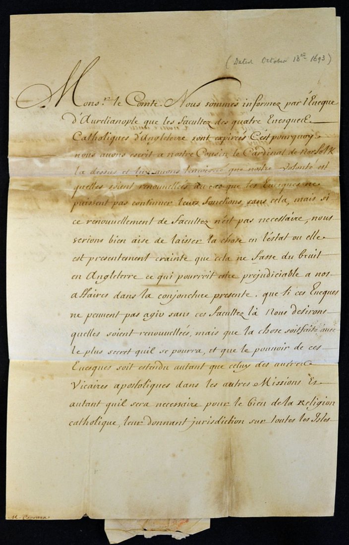 King James II 1633-1701 signed letter: King James II 1633-1701 signed letter and subscribed 'Votre bon Amy Jacques R' to Count Coprara^ auditor of the Rota in Rome^ a single sheet 2 page folio with address leaf and embossed paper seal^ hav