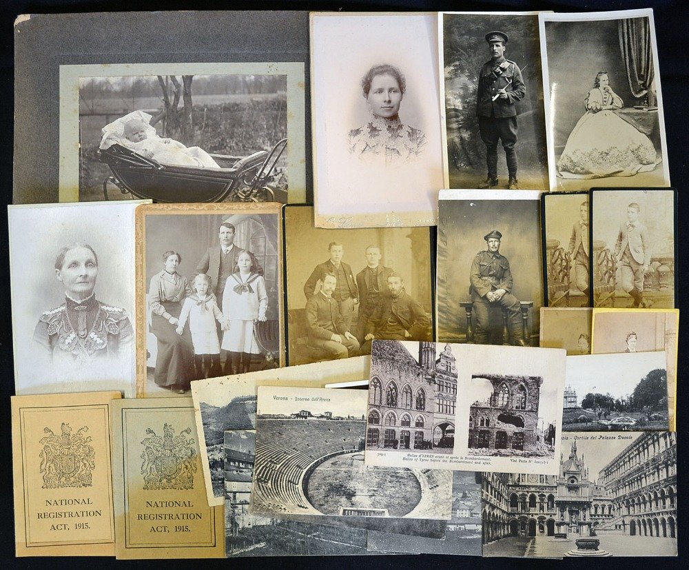 WWI National Registration Certificates 1915 signed: WWI National Registration Certificates 1915 signed by Ernest Wesley and another signed by Florence Wesley with Henley Rural District Council stamp to both^ t/w 3x postcards of Ernest in uniform^ postc