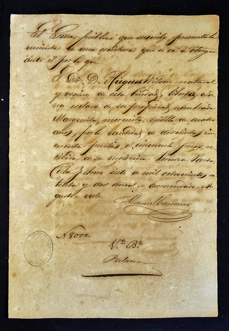 Cuba Slavery Manumission Bond document c1872: Cuba Slavery Manumission Bond document c1872 relating to the granting of freedom to a 4 year old girl^ No 8000^ notarised^ overall size 21.5 x 31.5cm^ in generally good condition
