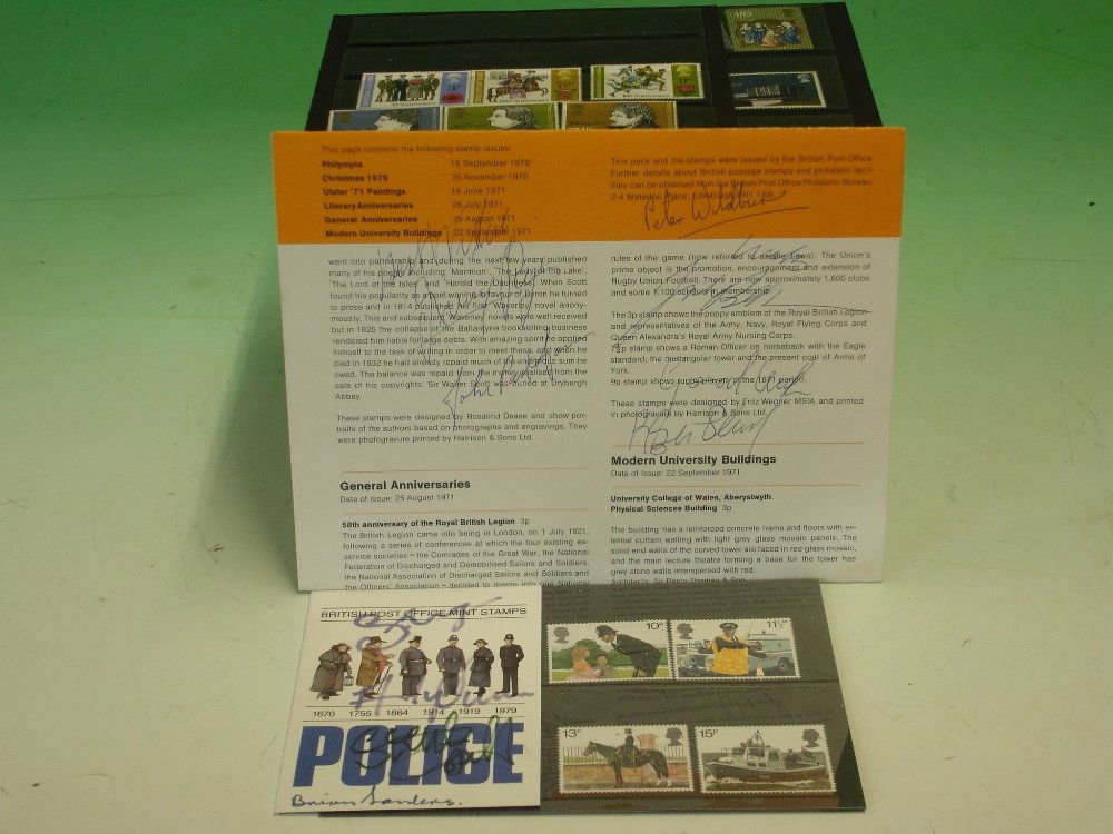 Led Zeppelin / Police Memorabilia An official: Led Zeppelin / Police Memorabilia An official Post Office 1971 collector’s pictorial stamps pack^ signed in blue ballpoint verso (over text) by all four Led Zeppelin members (including Bonham) and a