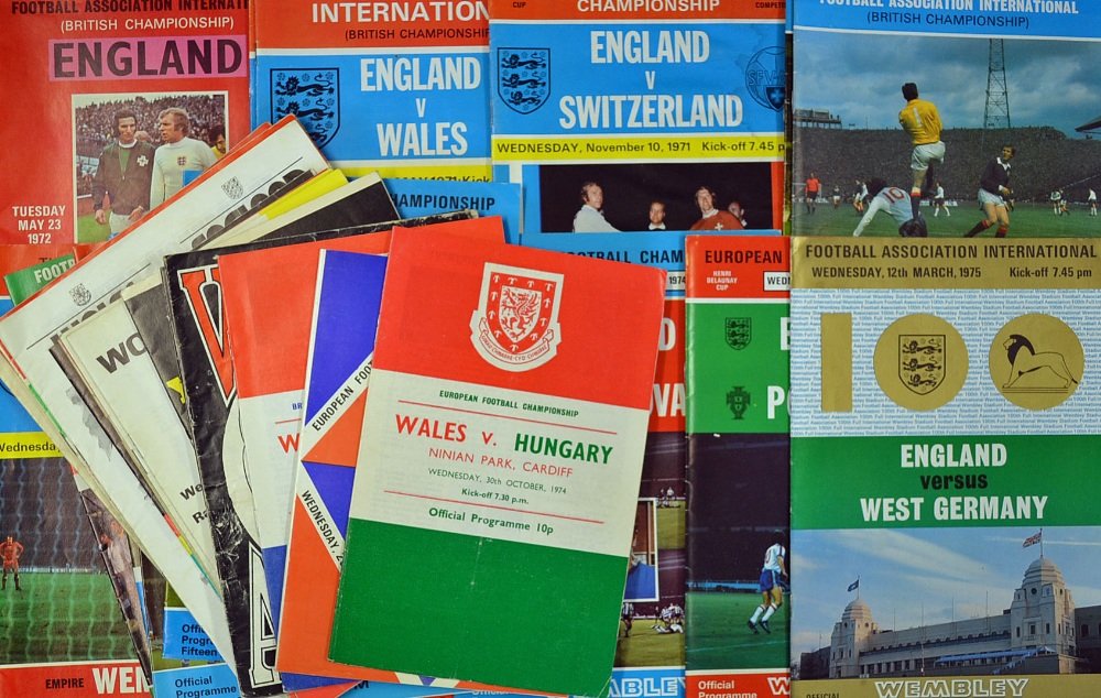 Big match football programme selection featuring i: Big match football programme selection featuring international matches including England (17), Wales (16), Northern Ireland (5), Eire (1), Scotland (3) & away at Norway 1974, plus youth, schoolboys et