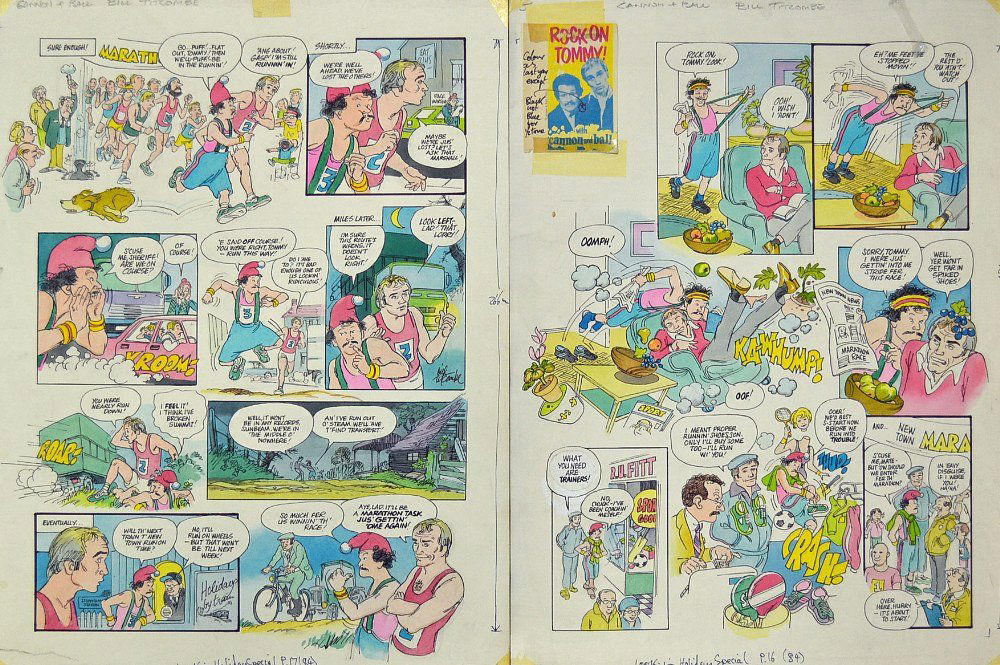 Original Comic Watercolour Artwork Cannon and: Original Comic Watercolour Artwork Cannon and Ball featuring in The Look-in Holiday Special Comic Double page spread illustrated by Bill Titcombe (2)