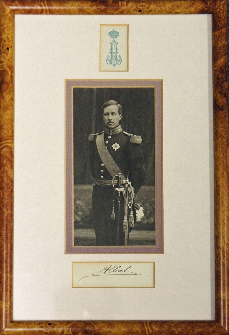 Royalty HM King Albert I of Belgium signed ph: Royalty HM King Albert I of Belgium signed photograph print display he married Elizabeth of Bavaria, signed below in ink, mounted, framed and glazed, overall measurement 23 x 32.5cm in good condition