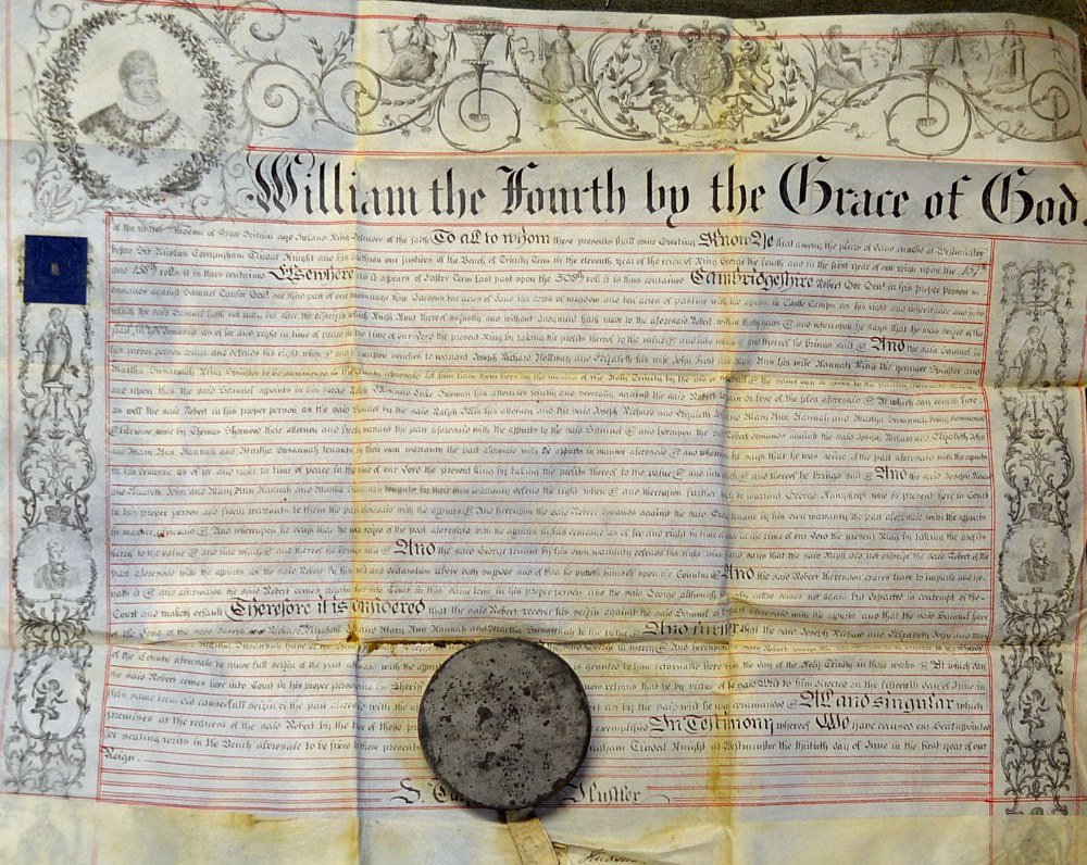 William IV Recovery Deed Document Cambridgesh: William IV Recovery Deed Document Cambridgeshire c1830s with ornate portrait and coat of arms on vellum, stamp and large seal attached has cracked and perished, the document relates to Robert Gee inhe