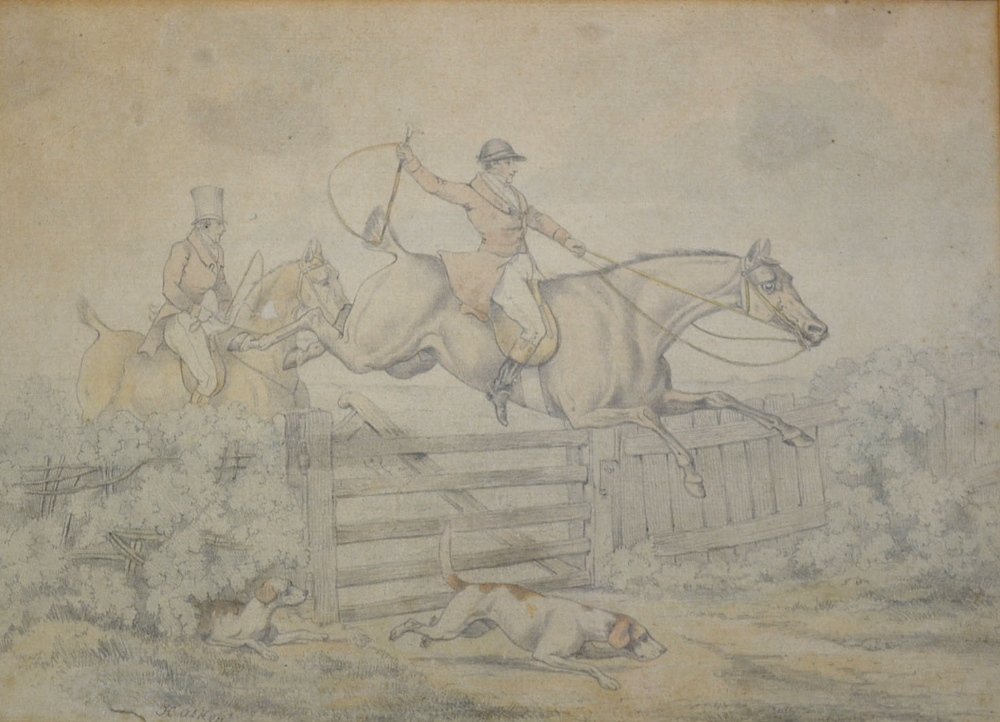 ALKEN, HENRY THOMAS (1785-1851) original sign: ALKEN, HENRY THOMAS (1785-1851) original signed watercolour and pencil of "HUNTSMAN CLEARING A GATE" signed in pencil H Alken image 8.5 X 11.5" - overall 13.5 x 17" - minor tear and some slight fading