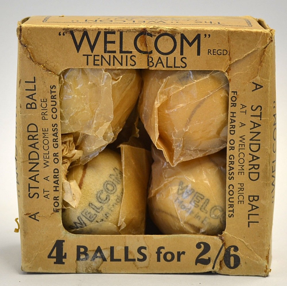 Rare and interesting packet of 4x "Welcom" te: Rare and interesting packet of 4x "Welcom" tennis balls c1930s - the card board boxed is stamped Made in England and price 2/6d - the box has some minor tears and creases but still retains all the ori