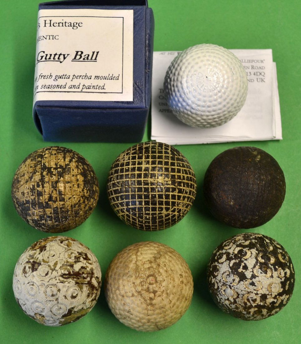 Interesting collection of mostly guttie golf: Interesting collection of mostly guttie golf balls (7) - includes an authentic "Challenger Guttie Ball" made by David Hamilton using all the original material, ball mould and methods - together with 3