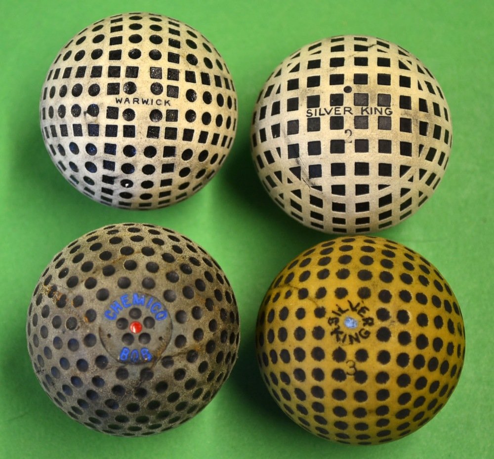 4x various square mesh and dimple golf balls: 4x various square mesh and dimple golf balls - all repainted to incl Chemico Bob dimple , Silver King Black dot no 2 square mesh, Warwick "Fifty - Fifty " and a Silver King Blue dot dimple (F/G)