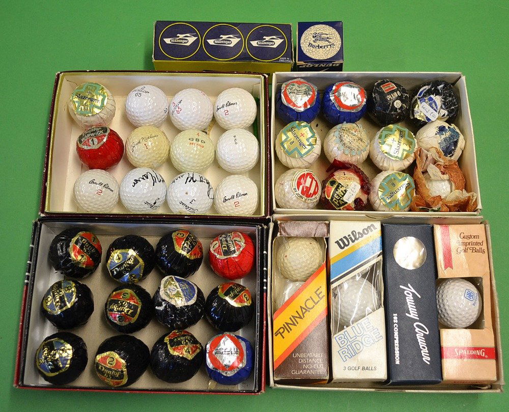 52x various wrapped, carton and used golf bal: 52x various wrapped, carton and used golf balls - wrapped balls include Dunlop 65, Penfold Ace, Slazenger plus, Uniroyal plus, John letters, Dunlop Warwick, Dunlop blue Flash, 5 various cartoons to in