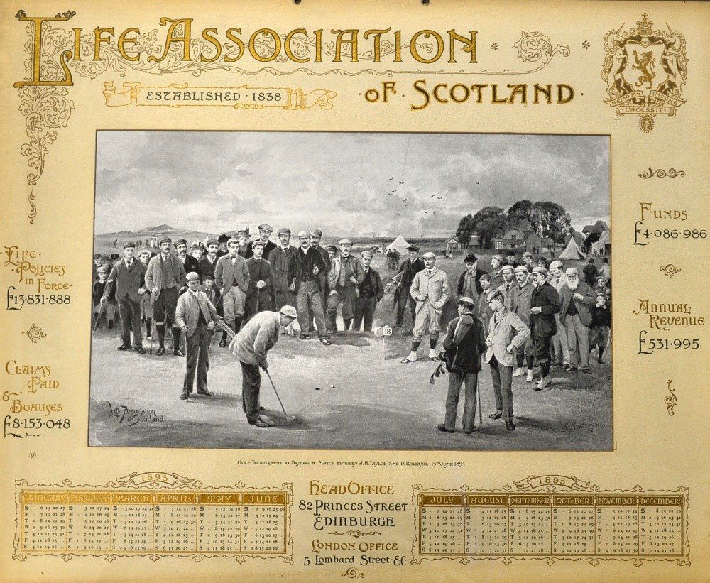 Brown, Michael James (1853-1947) 1894 Life As: Brown, Michael James (1853-1947) 1894 Life Association of Scotland Golfing Calendar titled "GOLF TOURNAMENT AT SANDWICH-MATCH BETWEEN J H TAYLOR AND D ROLAND 15TH OF JUNE 1894" by Michael Brown - publ
