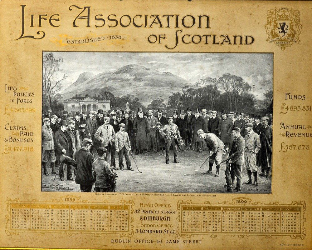 Brown, Michael James (1853-1947) 1900 Life As: Brown, Michael James (1853-1947) 1900 Life Association of Scotland Golfing Calendar titled - "GOLF MATCH AT BYFLEET BETWEEN H G HUTCHINSON AND MURE FERGUSSON 24TH APRIL 1899" - by Michael Brown - publ