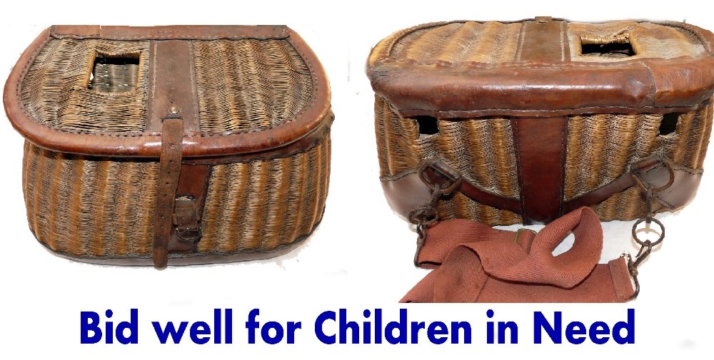 CHILDREN IN NEED CHARITY LOT: Pair of miniatu: CHILDREN IN NEED CHARITY LOT: Pair of miniature wicker woven creels, fly fishers 6" x4" x3.5", hinged lid centre slot and carry strap and coarse fishing style, 6" x4" x4" with hinged lid, suit the Que
