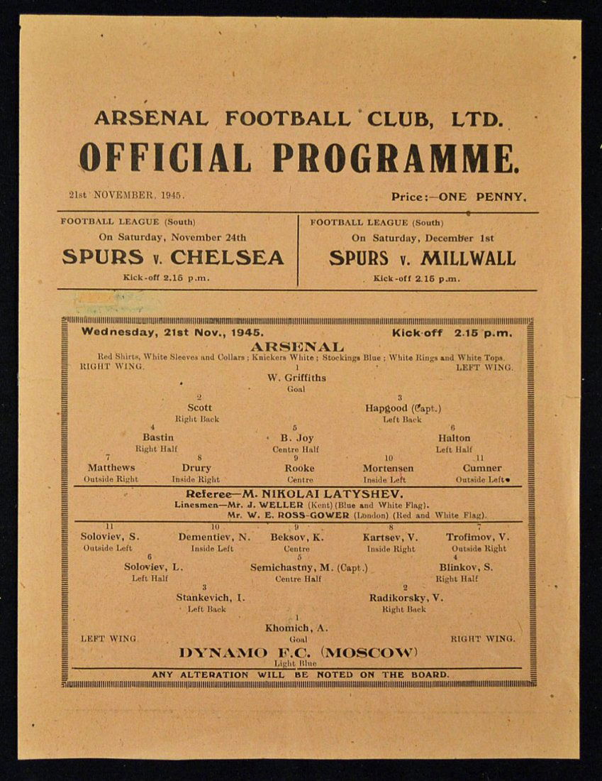 1945 Arsenal v Moscow Dynamo match programme dated (1 of 1)