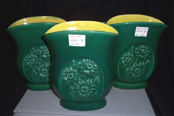 Red Wing 3 pcs. Sunflower Motif Vases: 3 Vases. Luster Green/ Yellow with Sunflower Motif, 8" Excellent Condtion. Stamped: B2002