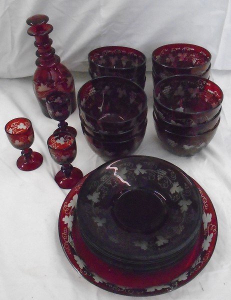 22 Piece Etched Cranberry Glass Lot (1 of 1)