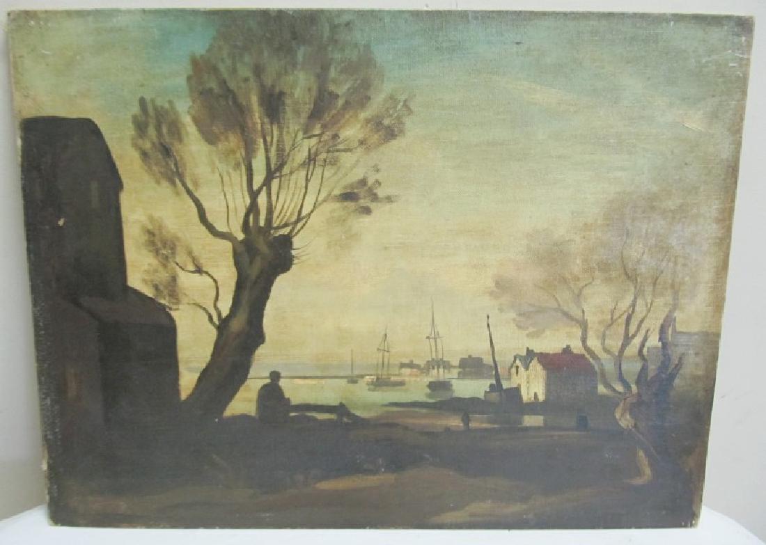 Oil on Artist Board 18" x 24" Sunset Harbor Scene: Oil on Artist Board 18" x 24" Sunset Harbor Scene English