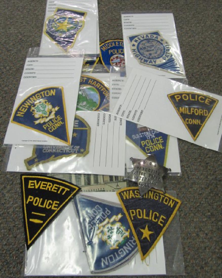 Large Lot of Police Memorabilia, Patches & Badge: Large Lot of Police Memorabilia, Patches & Badge Well over 100 Patches & 1 Badge, Police Academy Coat