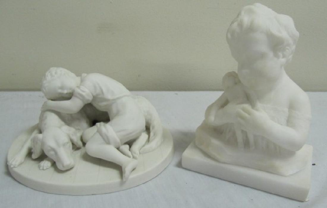 Marble Child Bust & Parian Child w/dog figure: Marble Child Bust & Parian Child w/dog figure