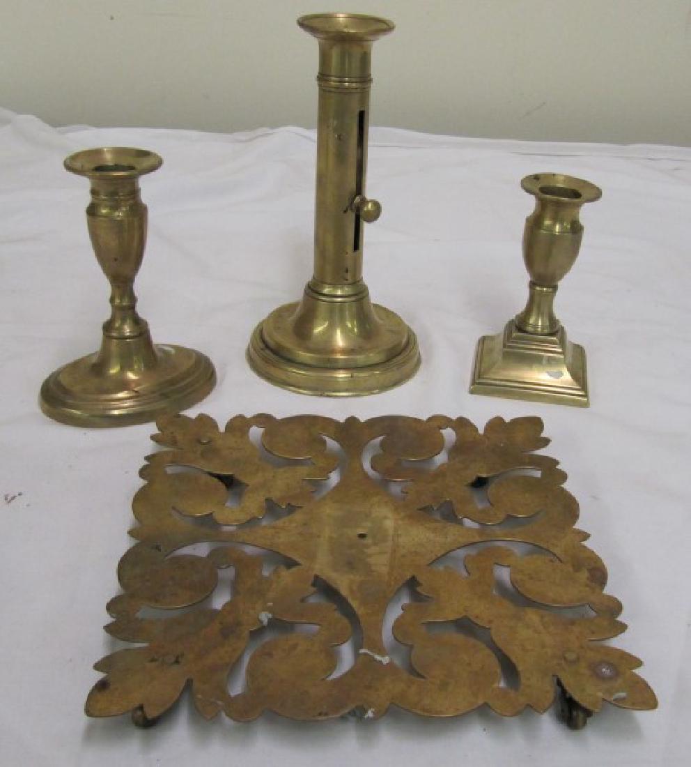 3 19th c. brass candlesticks/trivet: 3 19th c. brass candlesticks/trivet