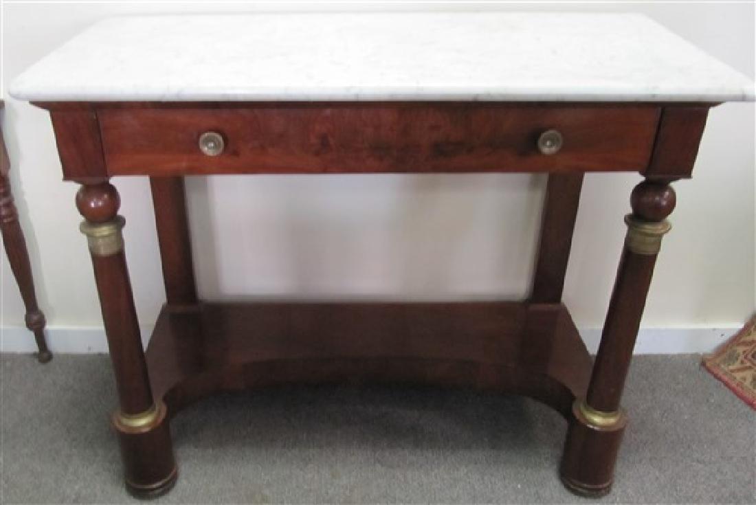 Marble Top Empire Pier Table (INV176) Classical Marble: Marble Top Empire Pier Table (INV176) Classical Marble Top Pier Table with Drawer Over Turned Legs with brass fittings circa 1840 36"H x 40"