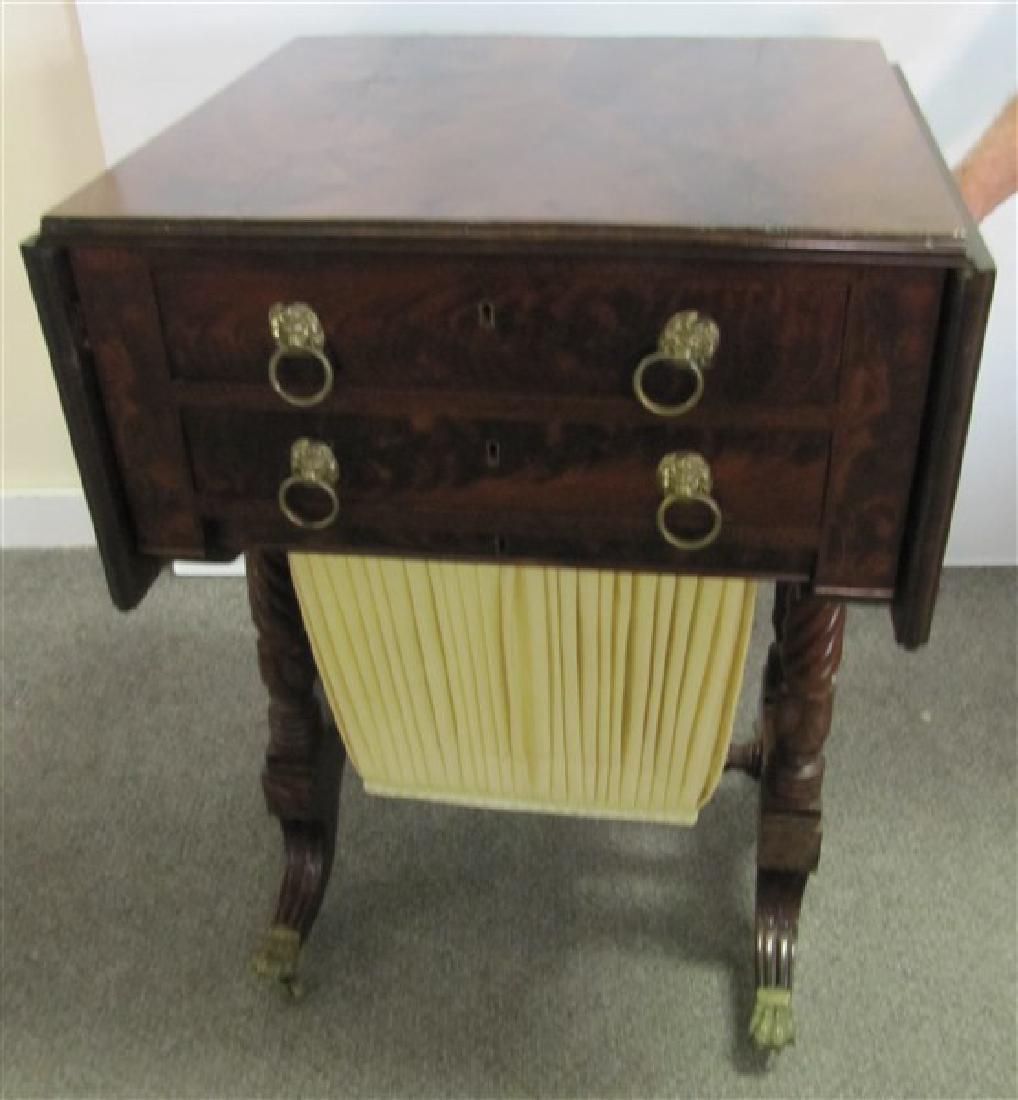 Federal Work Table (INV29) Federal Mahogany Work table,: Federal Work Table (INV29) Federal Mahogany Work table, Drop Leaf, 2 drawers plus bag drawer all set on turn supports ending in 4 down swept members with brass capped feet (restored) 1830 28"H 20.5"W