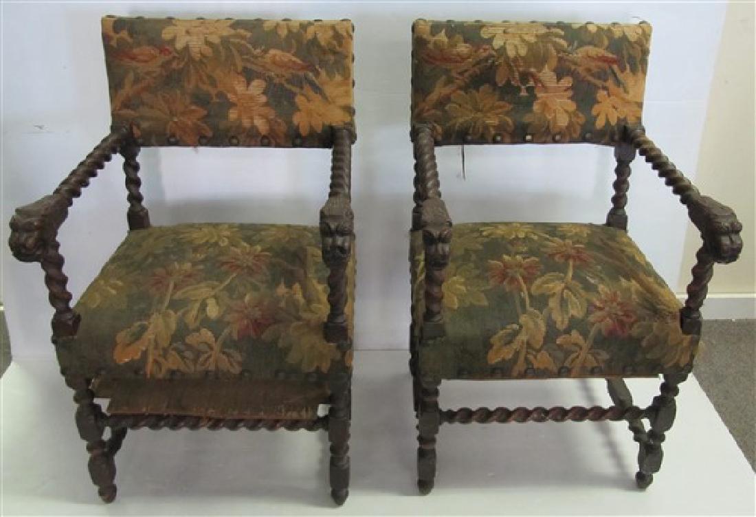 Pr Needlepoint Armchairs with Lions Heads: Pr Needlepoint Armchairs with Lions Heads