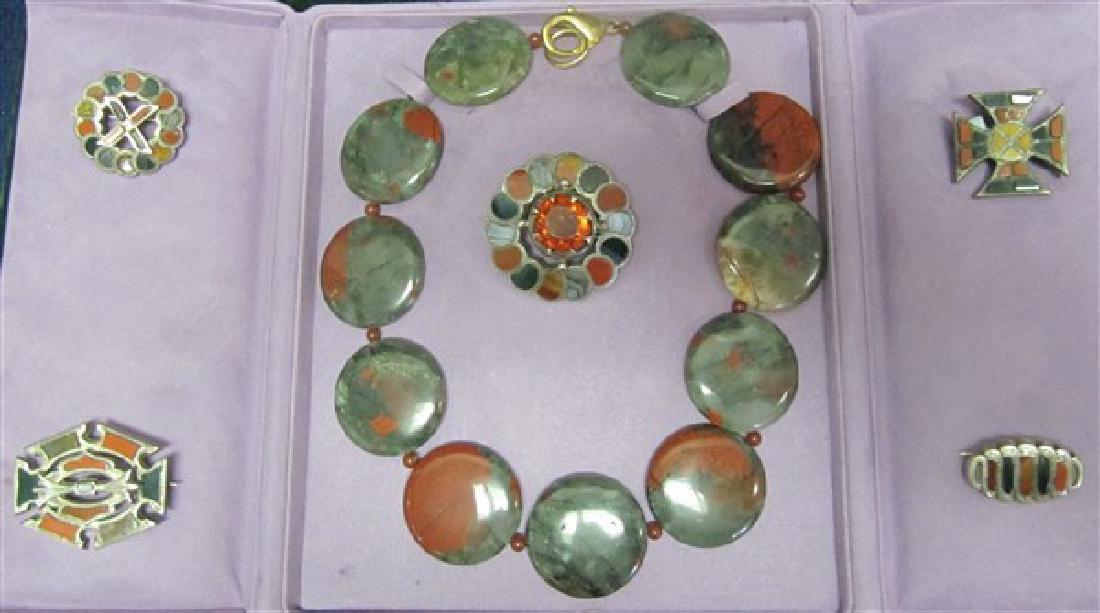 Blood Agate with Carnelian necklace & 6 Silver pins: Scottish Pins with agate & smoky quartz circa 1880