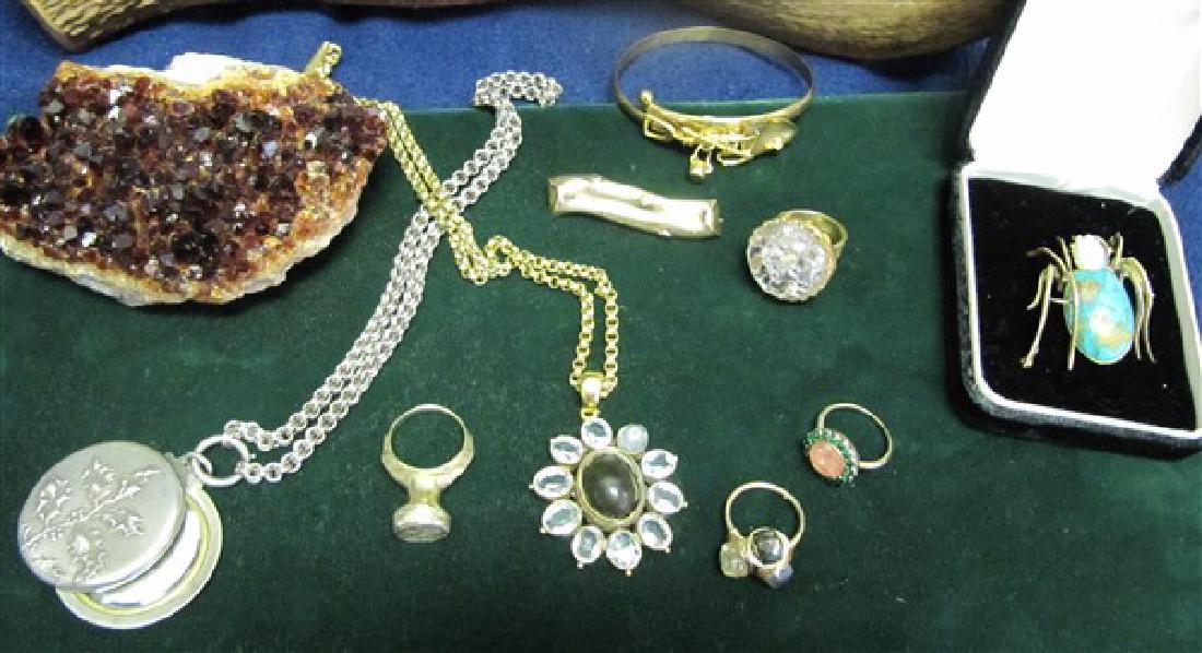 Continental Jewelry Circa 1900: bird with rainbow, stick pins, 4 pins, fox & Crane Fable Pin, wood dog pin,Wedgwood Necklace, horseshoe buckle, bird w/pea pod pin, Flower Shaped pendant, Holly Compact pendant, branch pin, turquoise