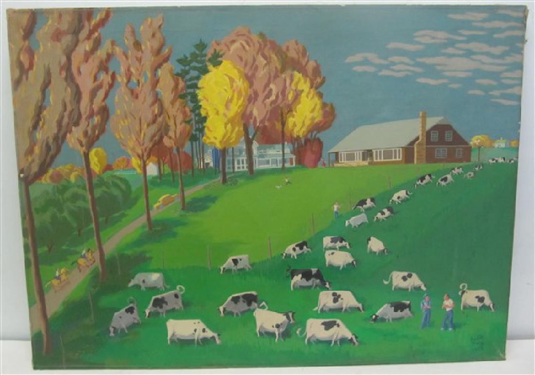 Unframed Folk Art O/C Farm Scene-36" x 26" (1 of 1)
