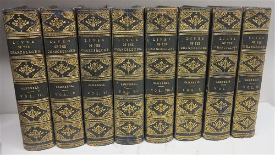 8 Volumes The Lives of the Chancellors, London: 8 Volumes The Lives of the Chancellors, London 1846, blue full leather, gilt crest, gilt dentelles, William Frederick Campbell