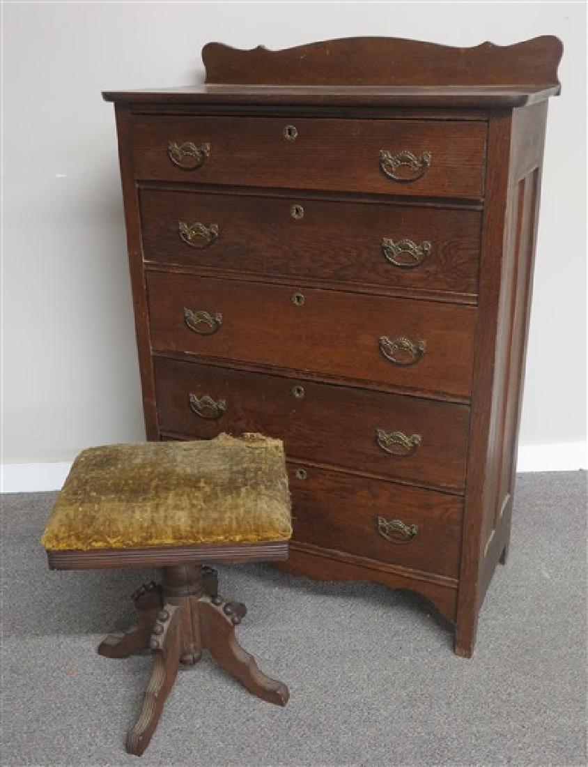 5 Drawer oak chest & oak organ stool: 5 Drawer oak chest & oak organ stool