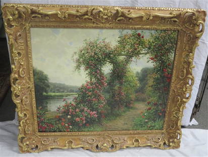 O/c Louis Aston Knight Gilt framed "A River Bank...: O/c Louis Aston Knight Gilt framed " A River Bank in Full Bloom" Exhibition Label on Verso. Signed Lower right "A River Bank in Full Bloom" Exhibition Label on Verso. Signed Lower right25 X 32-