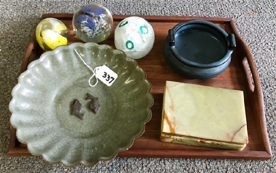 Tray lot of paper weights & pottery (1 of 2)