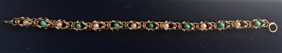 14k bracelet- with green and pearl beads 14.2 gm: 14k bracelet- with green and pearl beads 14.2 gm