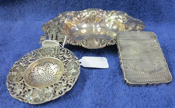 3 piece silver lot: card case, tea strainer, dish (1 of 1)