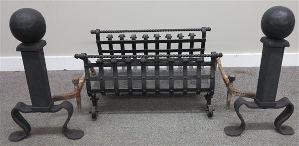 Hand Forged Andirons and ornate log holder: Hand Forged Andirons and ornate log holder