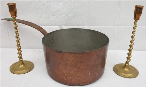 Copper pot and Pr. candlesticks (1 of 6)