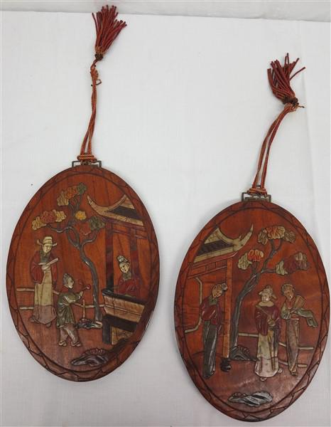 Pair Oriental carved oval panels 13 X 9 1/2 (1 of 3)