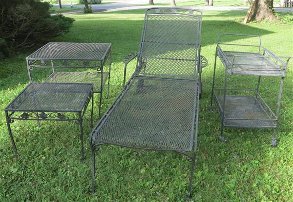 Mesh Chaise, Teacart, and 2 Iron Tables: Mesh Chaise, Teacart, and 2 Iron Tables