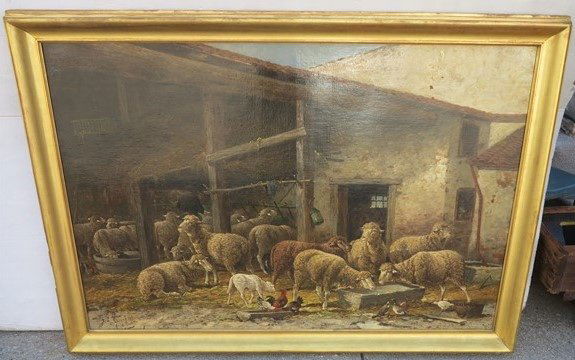 o/c sheep 19th century French 41 X 57: o/c sheep 19th century French 41 X 57