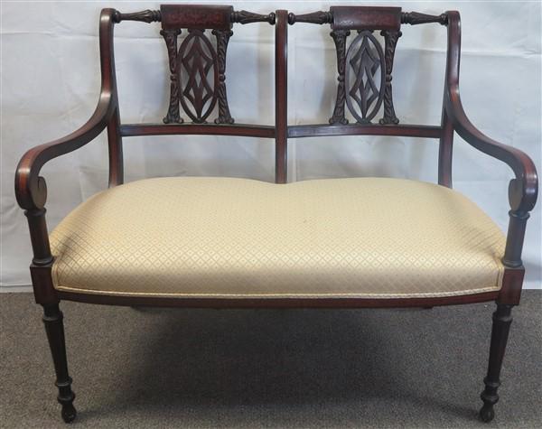 41" Carved Inlaid Settee: 41" Carved Inlaid Settee