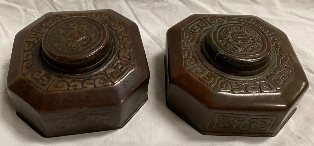Pr. of Bronze Tiffany Studio Inkwells 4"x2"h (1 of 6)