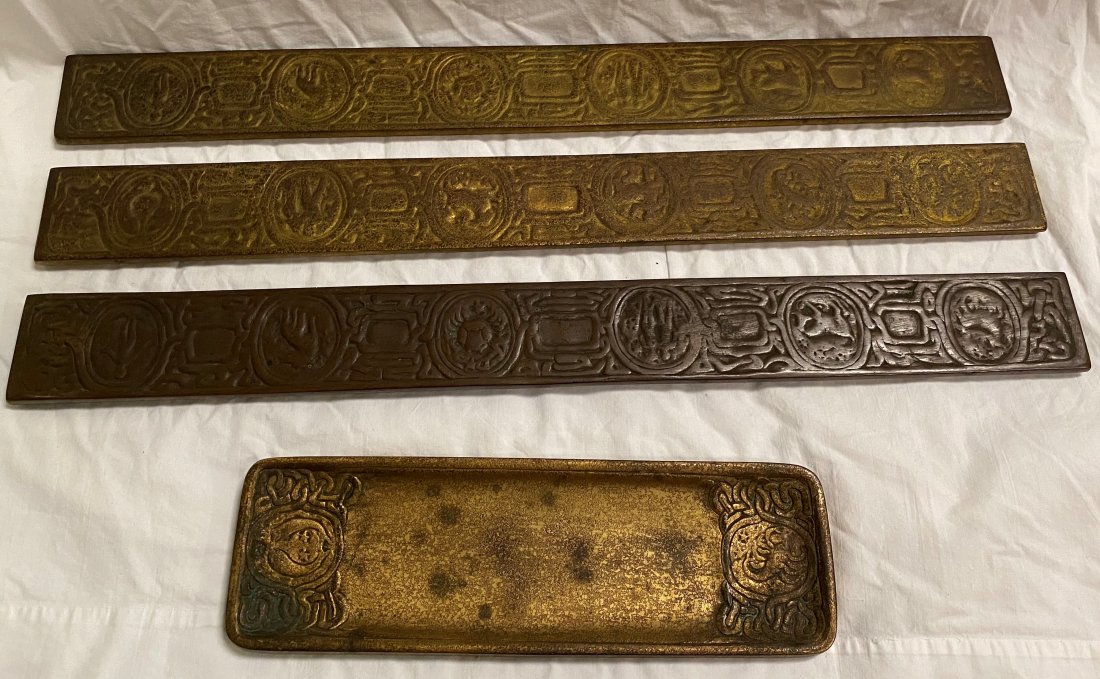 Tiffany Studios 3 Blotter Ends and 1 Tray: Tiffany Studios 3 Blotter Ends and 1 Tray 10"x3"