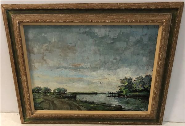 Lovely Impressionist o/c Harbor Scene 28"x35" Signed (1 of 3)