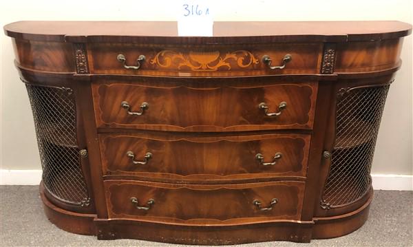 Serpentine Inlay Sideboard with Screen Doors Ca.: Serpentine Inlay Sideboard with Screen Doors Ca. 1940's66"x18"x34.5"h