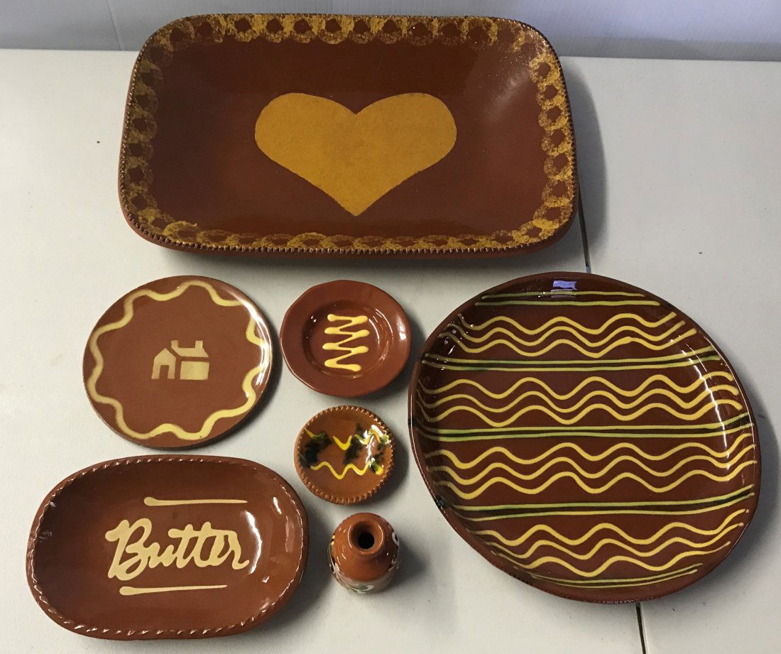 7 piece Slip Decorated redware pottery lot (1 of 4)